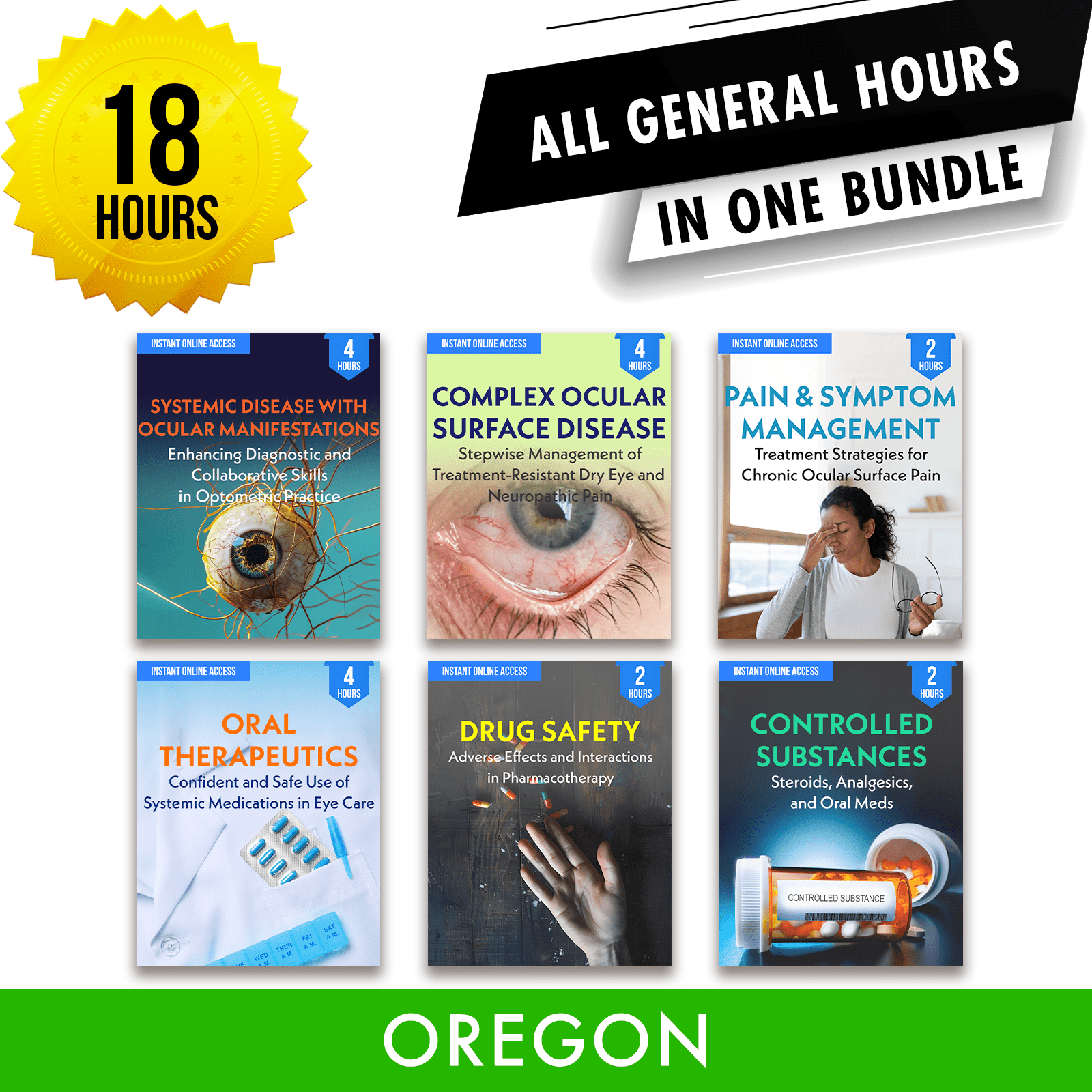 Oregon Bundle 1: Full Recertification - All General Optometry Continuing Education Credits in One Package, 18 Hours Access Optometry