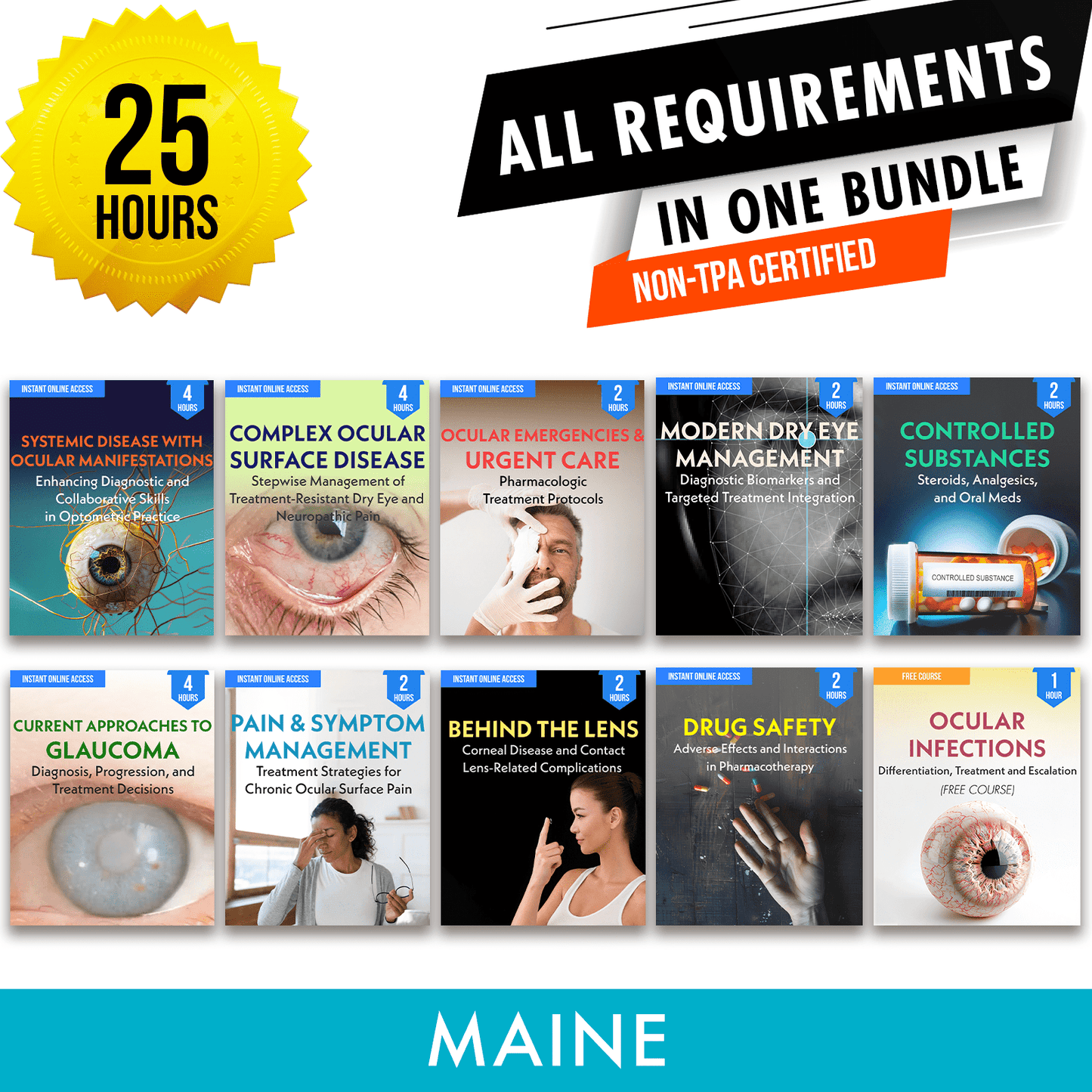 Maine Bundle 1: Full Recertification - All Required Optometry Continuing Education Credits in One Package, 25 Hours Access Optometry