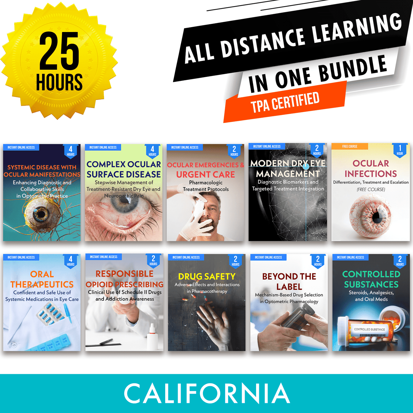 California Online CE Package 2 With Pharmacology Hours: Independent Study Bundle, Optometry Continuing Education, 25 Hours Access Optometry