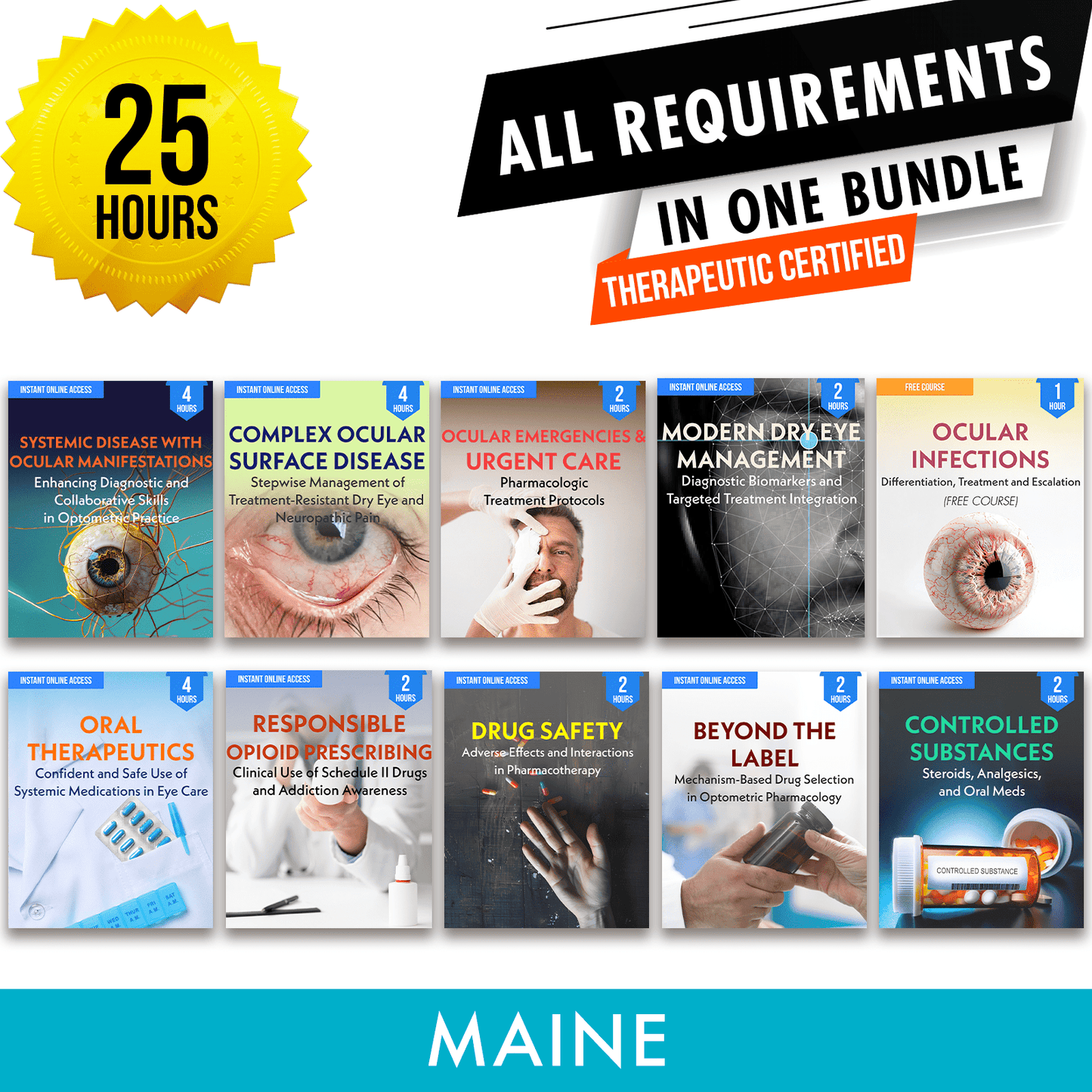 Maine Bundle 2: Full Recertification With TPA Hours - All Required Optometry Continuing Education Credits in One Package, 25 Hours Access Optometry