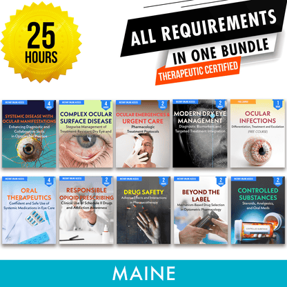 Maine Bundle 2: Full Recertification With TPA Hours - All Required Optometry Continuing Education Credits in One Package, 25 Hours Access Optometry