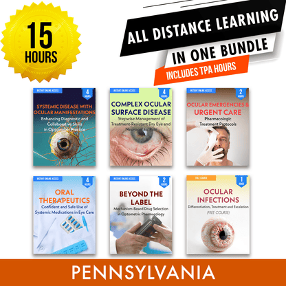 Pennsylvania Online CE Package 2 With Pharmacology Hours: Independent Study Bundle, Optometry Continuing Education, 15 Hours Access Optometry