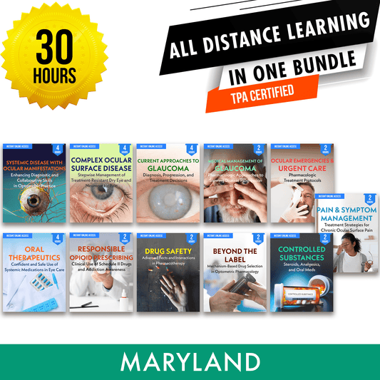 Maryland Online CE Package 1: Independent Study Bundle, Optometry Continuing Education, 30 Hours Access Optometry