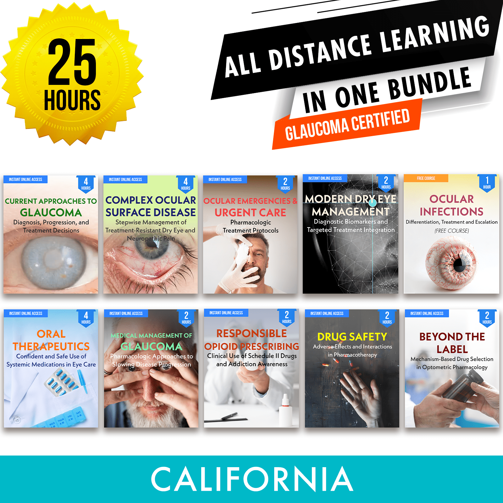 California Online CE Package 3 With Glaucoma Hours: Independent Study Bundle, Optometry Continuing Education, 25 Hours Access Optometry