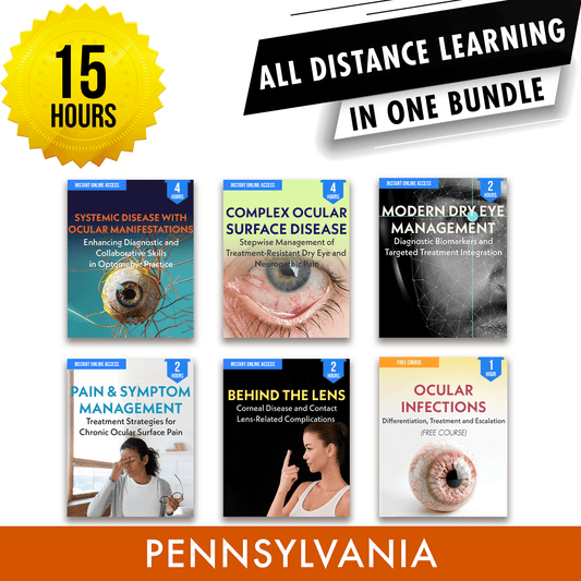 Pennsylvania Online CE Package 1: Independent Study Bundle, Optometry Continuing Education, 15 Hours Access Optometry