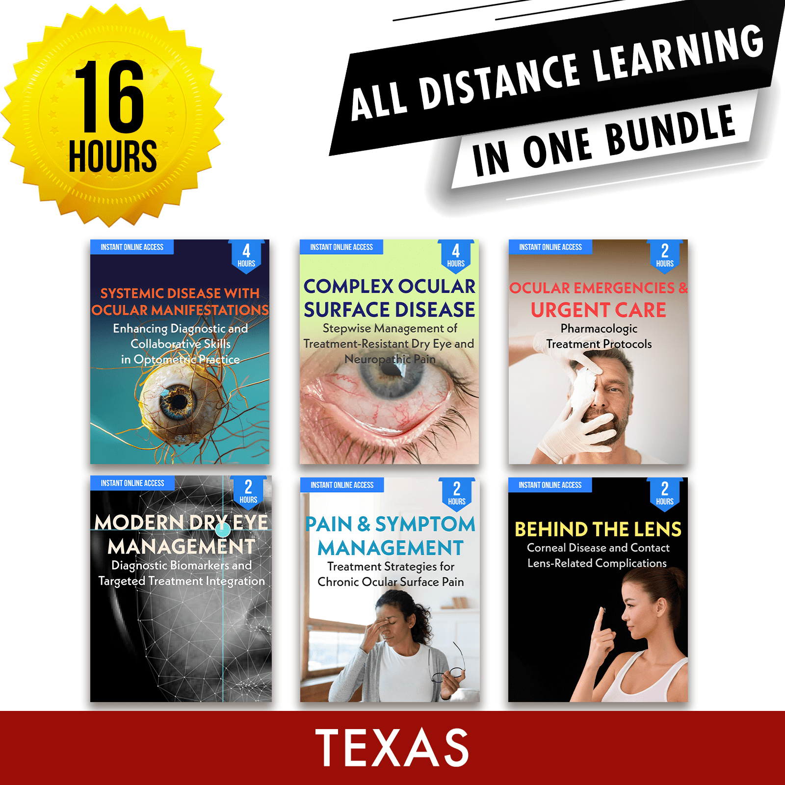 Texas Online CE Package 1: Independent Study Bundle, Optometry Continuing Education, 16 Hours Access Optometry