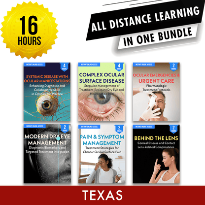 Texas Online CE Package 1: Independent Study Bundle, Optometry Continuing Education, 16 Hours Access Optometry