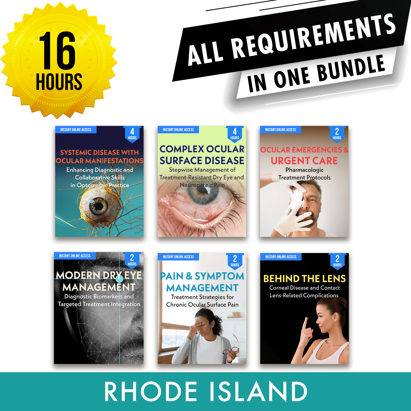 Rhode Island Bundle 2: Full Recertification - All Required Optometry Continuing Education Credits in One Package, 16 Hours Access Optometry