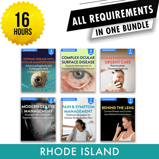 Rhode Island Bundle 2: Full Recertification - All Required Optometry Continuing Education Credits in One Package, 16 Hours Access Optometry