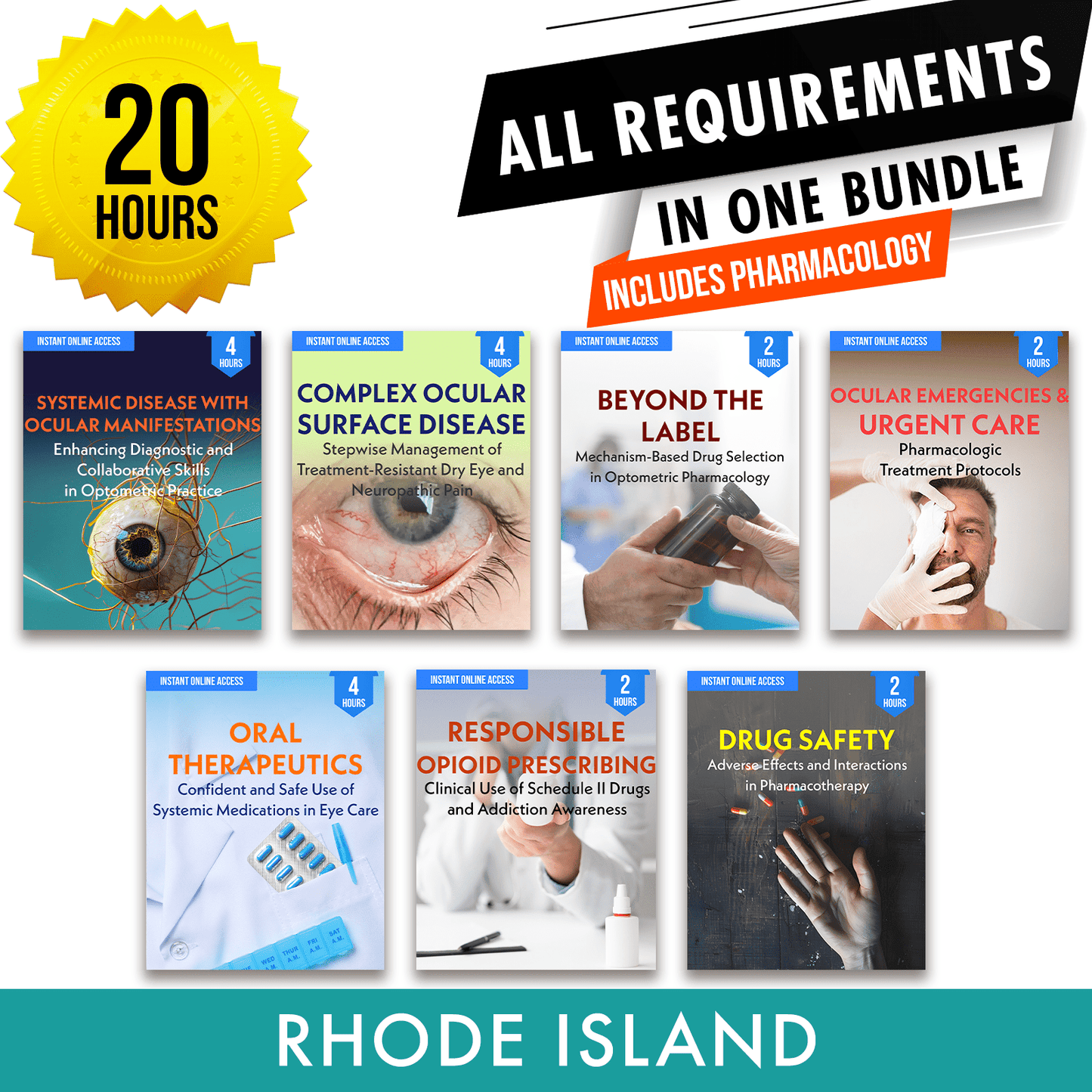 Rhode Island Bundle 1: Full Recertification With Pharmacology Hours - All Required Optometry Continuing Education Credits in One Package, 20 Hours Access Optometry