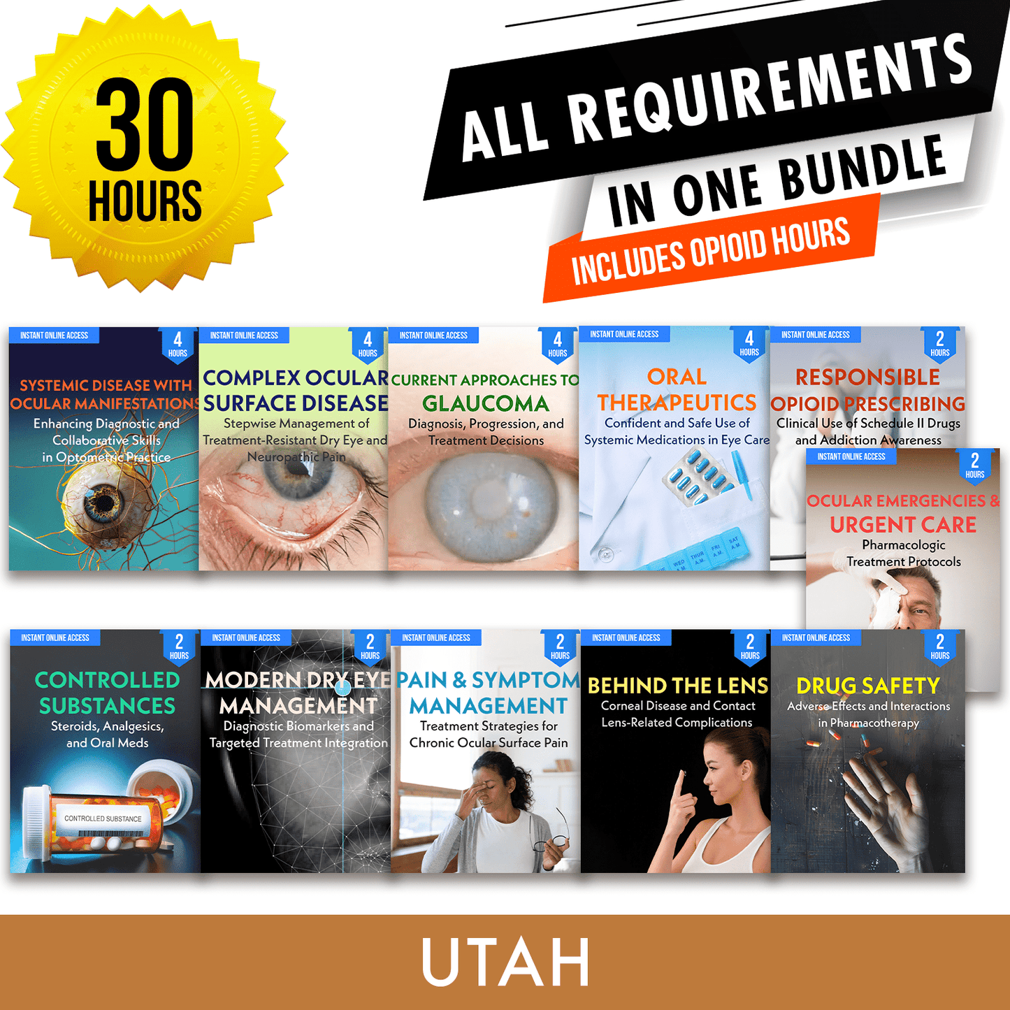 Utah Bundle 1: Full Recertification With Opioid Hours - All Required Optometry Continuing Education Credits in One Package, 30 Hours Access Optometry